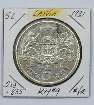 1931 Latvia 5 Lati .835 Silver, Grader Our Grade, UNC, SKU #RFC111