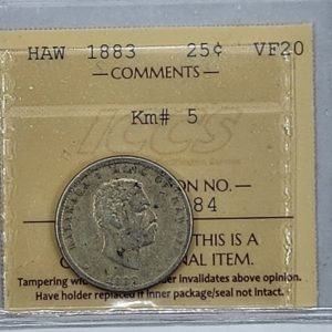 1883 Hawaii 1/4 Dollar, ICCS, VF 20, XZY084, CFC118