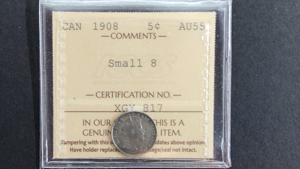 Canada 5 cents 1908 Small 8 - ICCS AU55