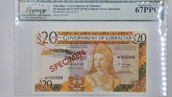 Gibraltar 1, 5, 10, 20 Pounds 1975 Specimen (4 banknotes set) - Legacy 66PPQ, 67PPQ - Image 8