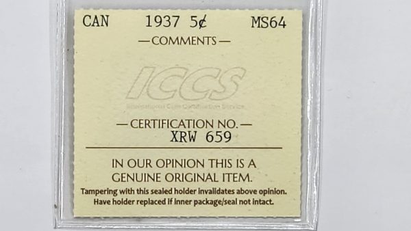 Canada 5 cents 1937 - ICCS MS64 - Image 6