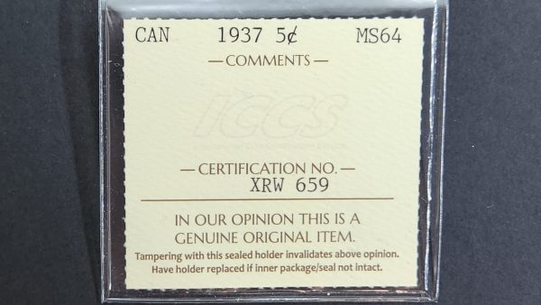 Canada 5 cents 1937 - ICCS MS64 - Image 3