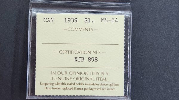 Canada $1 1939 - ICCS MS64 - Image 3
