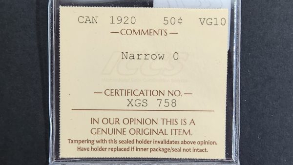 Canada 50 Cents 1920 Narrow 0 - ICCS VG10 - Image 3