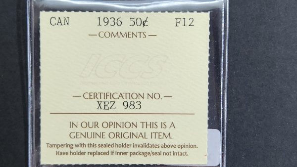 Canada 50 Cents 1936 - ICCS F12 - Image 3