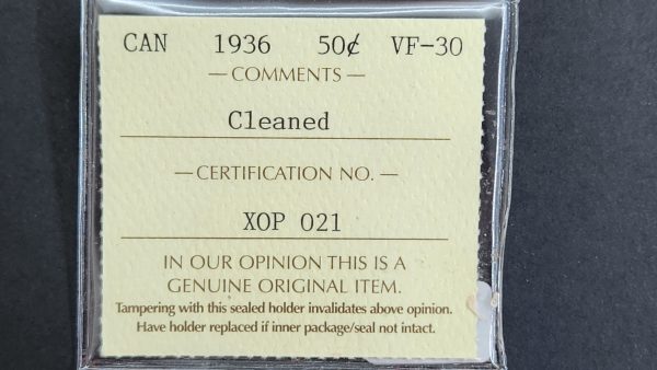 Canada 50 Cents 1936 - ICCS VF30 Cleaned - Image 3