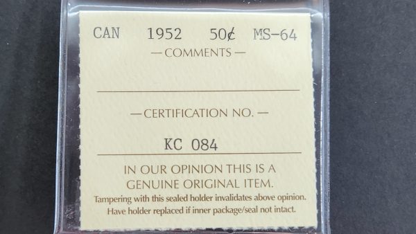 Canada 50 Cents 1952 - ICCS MS64 - Image 3