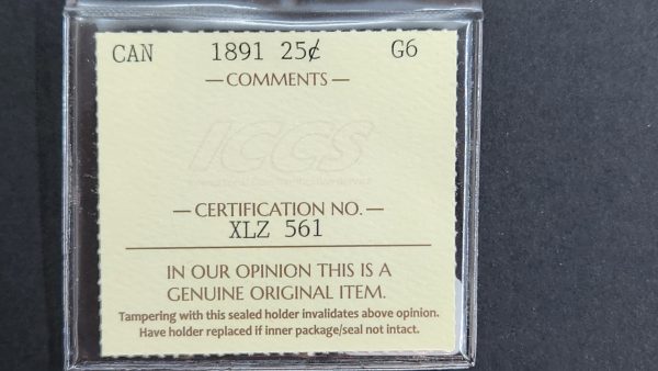 Canada 25 Cents 1891 - ICCS G6 - Image 3