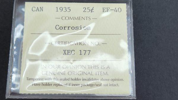 Canada 25 Cents 1935 - ICCS EF40 Corrosion - Image 3