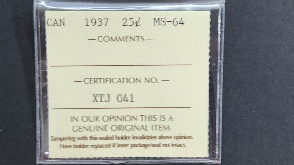 Canada 25 Cents 1937 - ICCS MS64 - Image 3