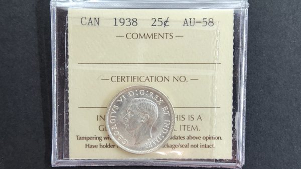 Canada 25 Cents 1938 - ICCS AU58