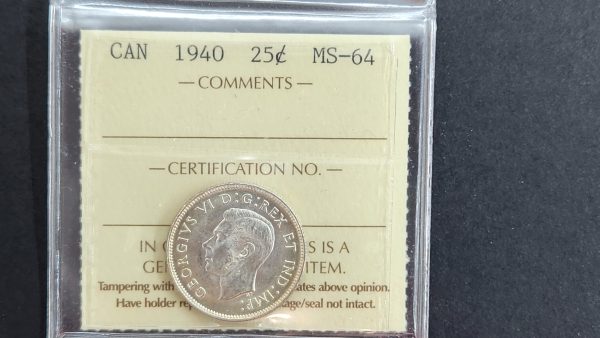 Canada 25 Cents 1940 - ICCS MS64