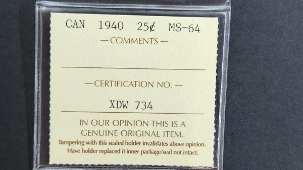 Canada 25 Cents 1940 - ICCS MS64 - Image 3