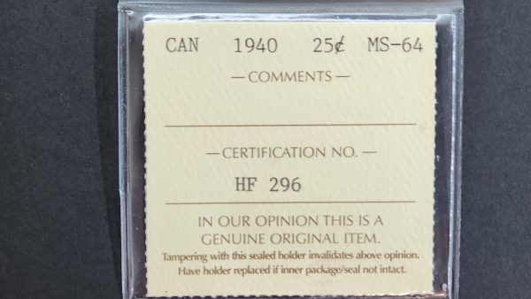 Canada 25 Cents 1940 - ICCS MS64 - Image 3