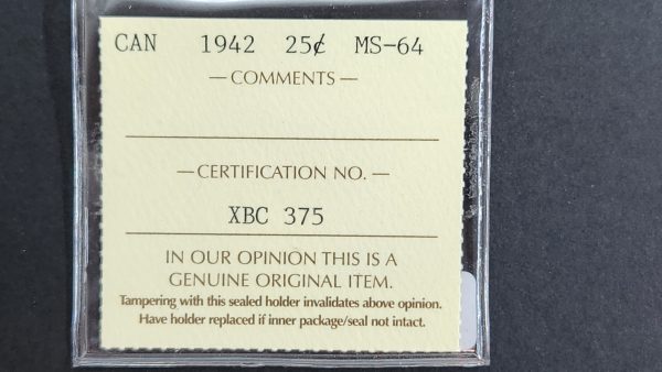Canada 25 Cents 1942 - ICCS MS64 - Image 3