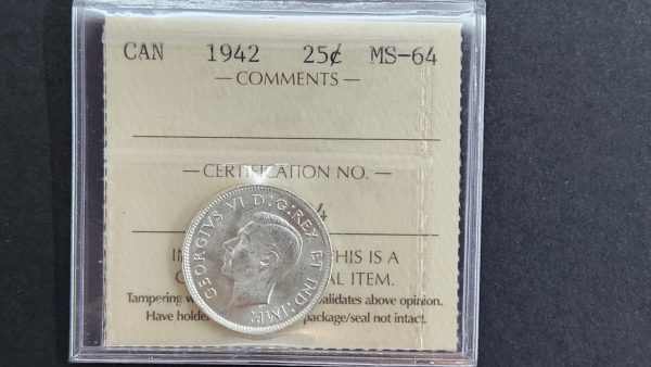 Canada 25 Cents 1942 - ICCS MS64