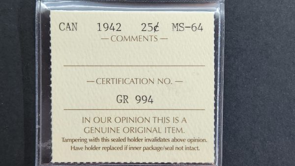Canada 25 Cents 1942 - ICCS MS64 - Image 3