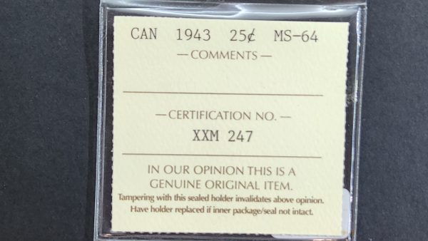 Canada 25 Cents 1943 - ICCS MS64 - Image 3