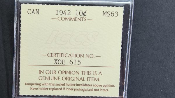 Canada 10 Cents 1942 - ICCS MS63 - Image 3