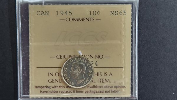 Canada 10 Cents 1945 - ICCS MS65