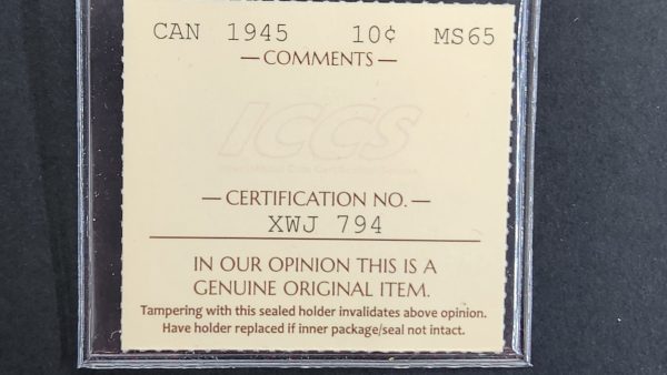 Canada 10 Cents 1945 - ICCS MS65 - Image 3