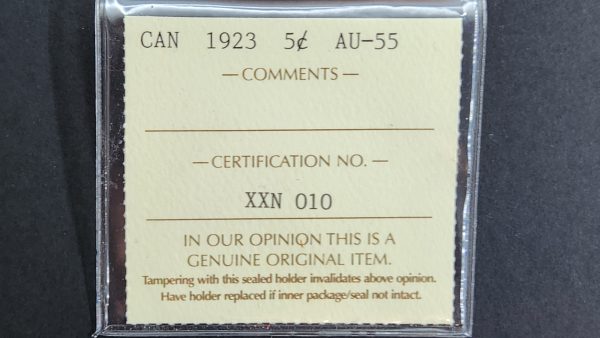 Canada 5 Cents 1923 - ICCS AU55 - Image 3