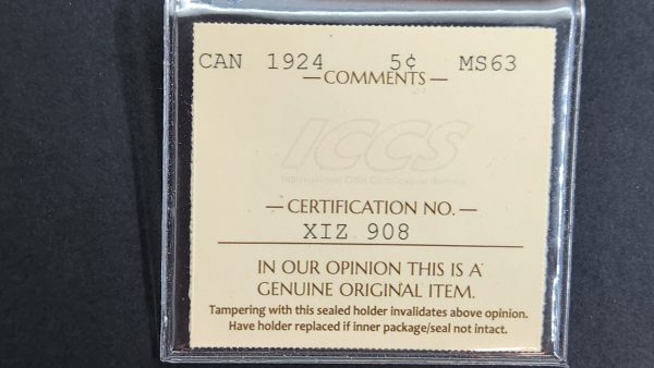 Canada 5 Cents 1924 - ICCS MS63 - Image 3