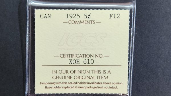 Canada 5 Cents 1925 - ICCS F12 - Image 3