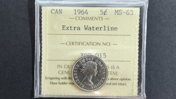 Canada 5 Cents 1964 Extra Water Line - ICCS MS63