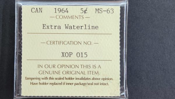 Canada 5 Cents 1964 Extra Water Line - ICCS MS63 - Image 3