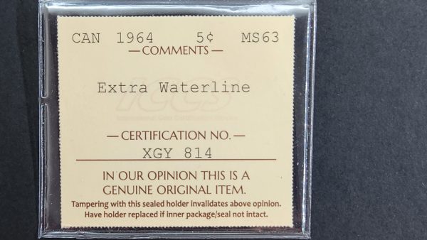 Canada 5 Cents 1964 Extra Water Line - ICCS MS63 - Image 3