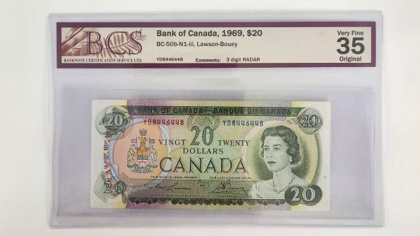 Canada $20 1969 Lawson-Bouey 2 Letters, 3 Digit Radar - BCS VF35 Original