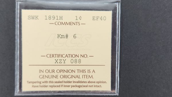 Sarawak 1 Cent 1891H - ICCS EF40 - Image 3