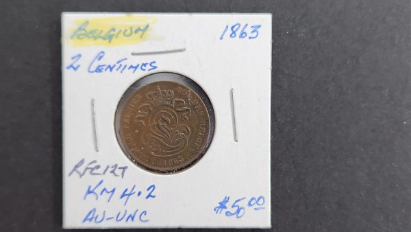Belgium 2 Centimes 1863 - AU-UNC