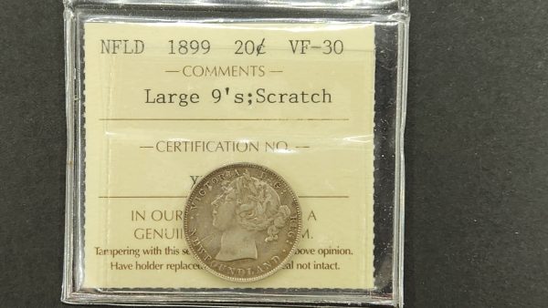Newfoundland 20 Cents 1899 Large 9 - ICCS VF30 Scratch