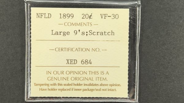 Newfoundland 20 Cents 1899 Large 9 - ICCS VF30 Scratch - Image 3