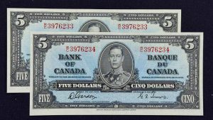 Canada $5 1937 Gordon-Towers W/C (2 Consecutive) - Gem UNC