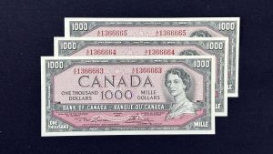 Canada $1000 1954 Modified Lawson-Bouey A/K (3 Consecutive) - AU-UNC