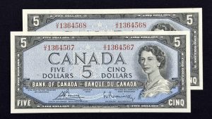 Canada $5 1954 Modified Bouey-Rasminsky U/X (2 Consecutive) - CUNC