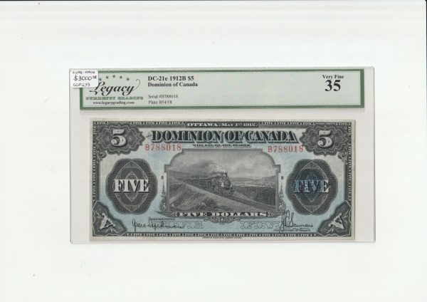 Canada $5 1912B Hyndman-Saunders Seal over FIVE - Legacy VF35