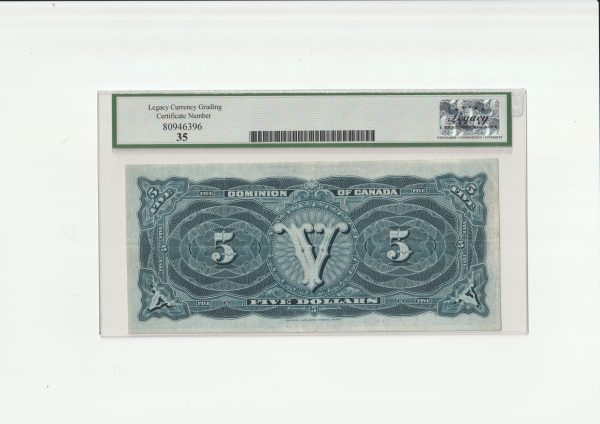 Canada $5 1912B Hyndman-Saunders Seal over FIVE - Legacy VF35 - Image 2