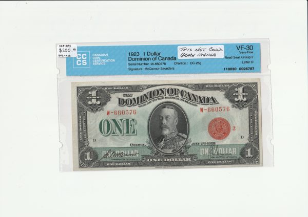 Canada $1 1923 McCavour-Saunders Red seal Group 2 - CCCS VF30